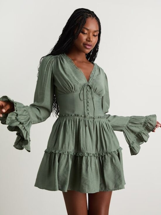 Lulus Dresses & Skirts - Lulus Ayaana Sage Green Long Sleeve Tiered Mini Dress - Size L